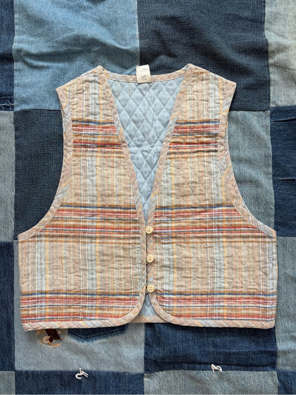 Vintage Plaid Quilted Vest Blue Yellow Red Primary Colors 100% Cotton fits S/M
